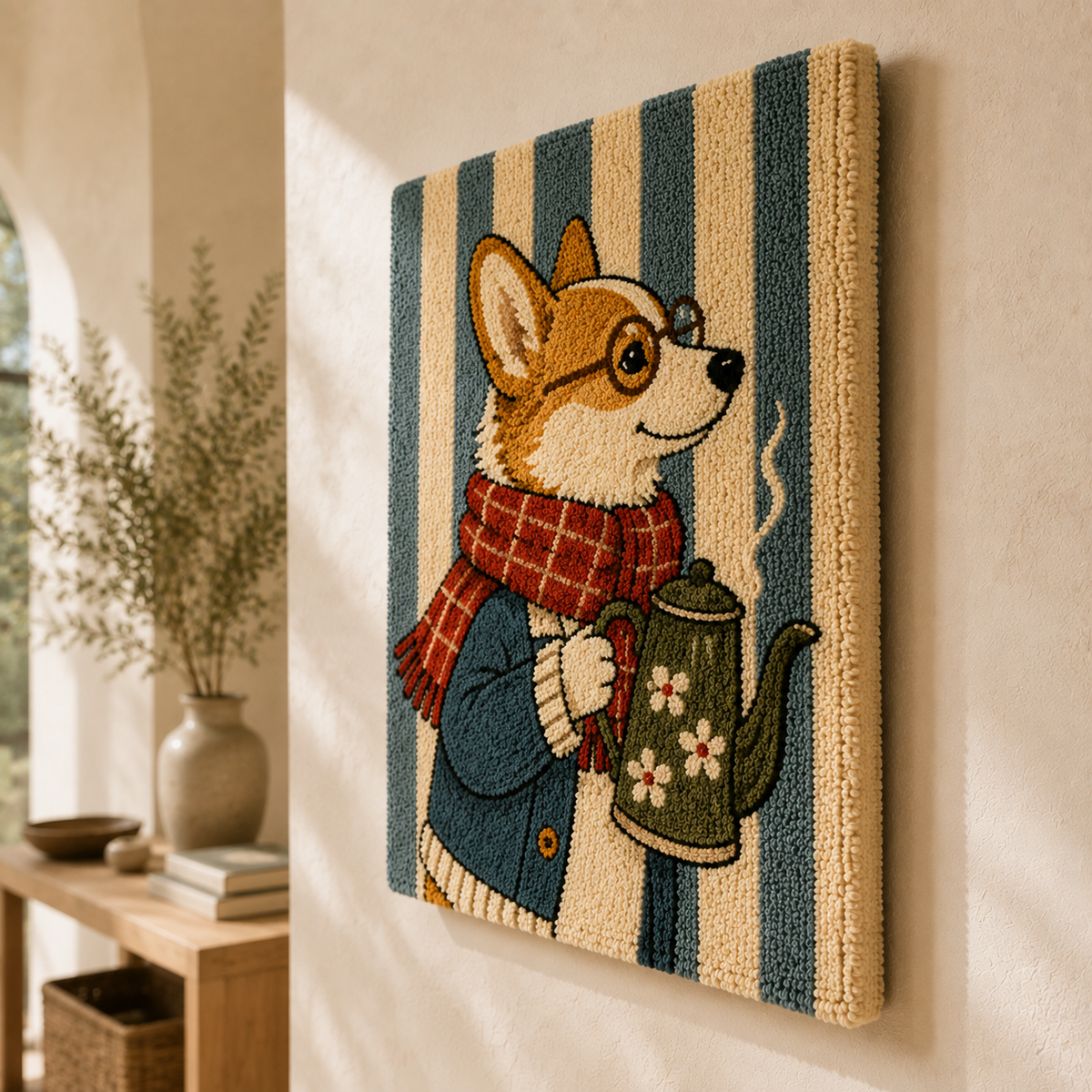 Hewn Earth Corgi Traveler wall art print featuring a playful corgi dog on a decorative background.
