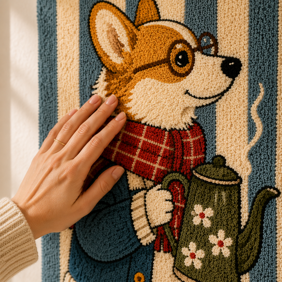 Hewn Earth Corgi Traveler wall art print featuring a playful illustration of a corgi with travel-themed details on a textured background