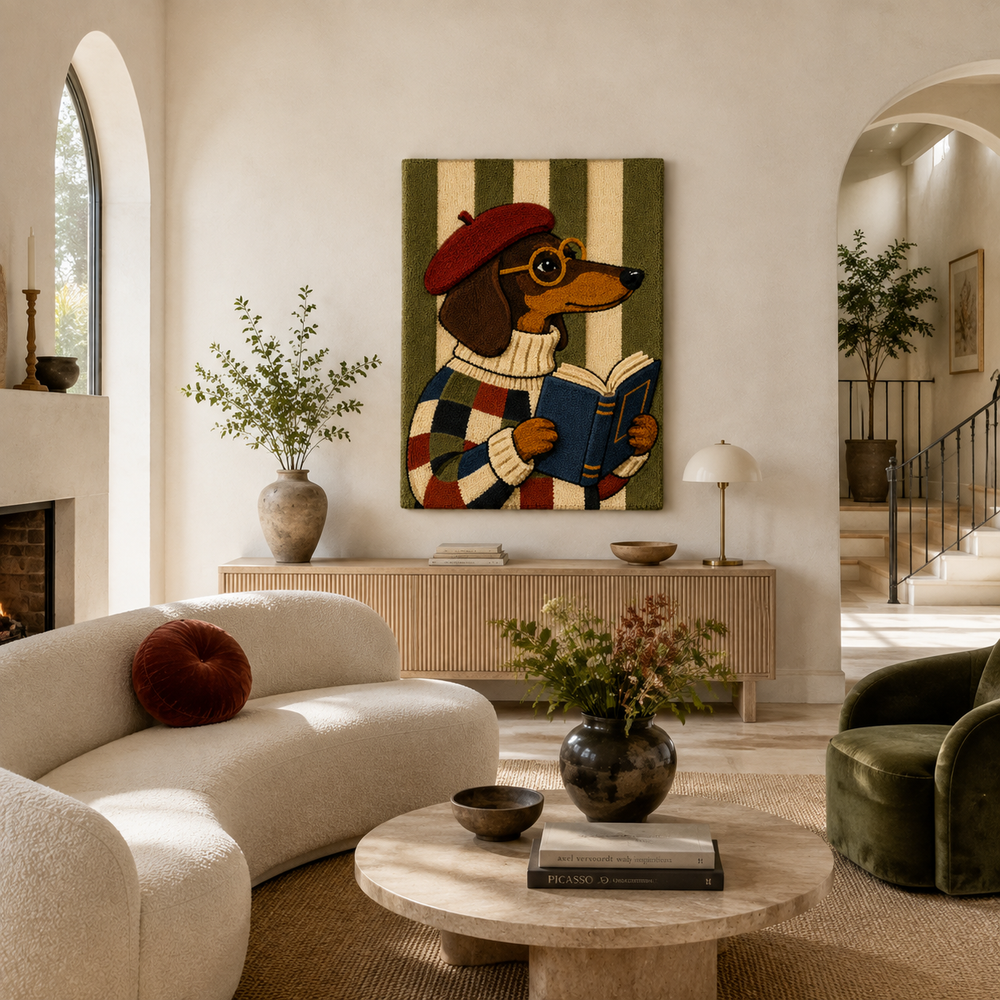 Scholarly Dachshund wall art by Hewn Earth, featuring a detailed illustration of a dachshund with academic accessories.