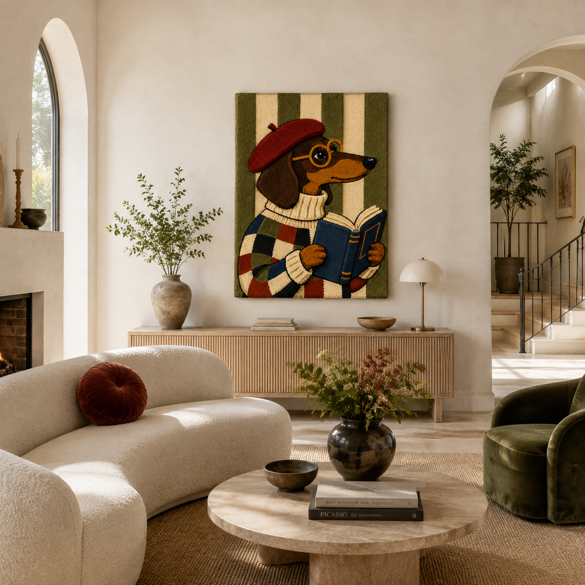 Scholarly Dachshund wall art by Hewn Earth, featuring a detailed illustration of a dachshund with academic accessories.