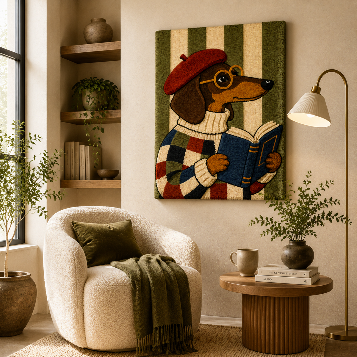 Scholarly Dachshund wall art by Hewn Earth featuring a cute, detailed illustration of a dachshund wearing glasses and a bow tie.
