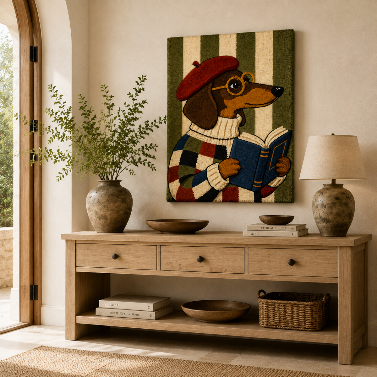 Scholarly Dachshund wall art by Hewn Earth featuring a detailed illustration of a dachshund with glasses and a book-inspired design