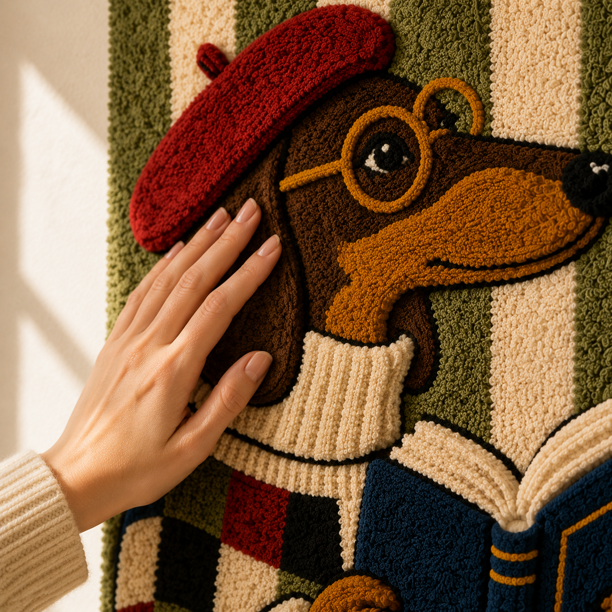 Scholarly Dachshund wall art by Hewn Earth featuring a detailed illustration of a dachshund with glasses on a neutral background