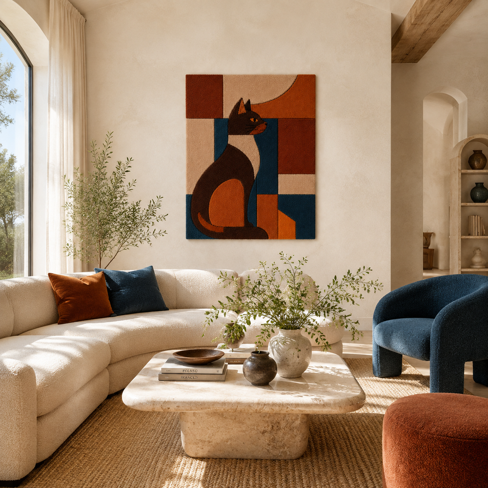 Hewn Earth terracotta cat wall art blocks arranged decoratively on a wall for a rustic, artistic home interior display.