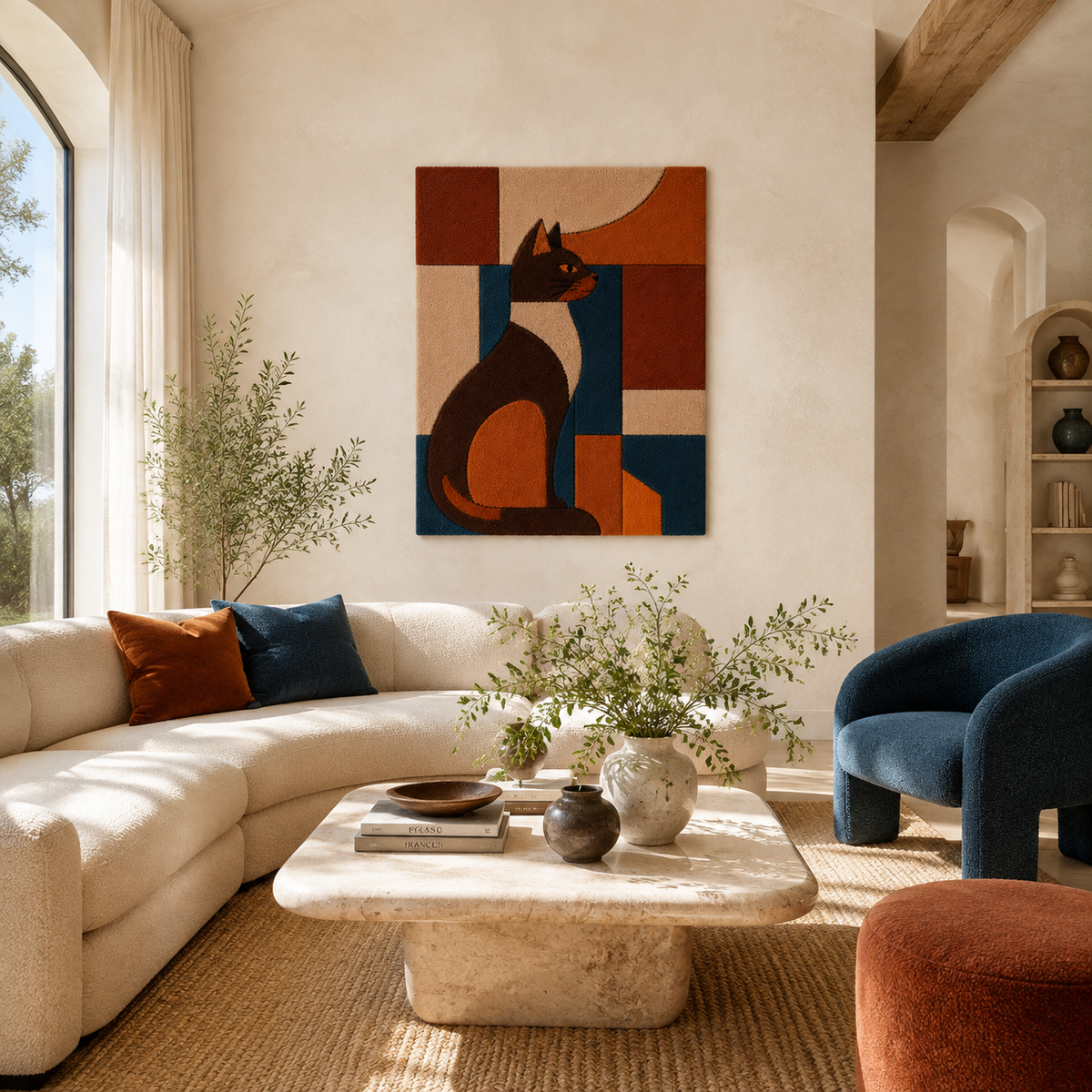 Hewn Earth terracotta cat wall art blocks arranged decoratively on a wall for a rustic, artistic home interior display.