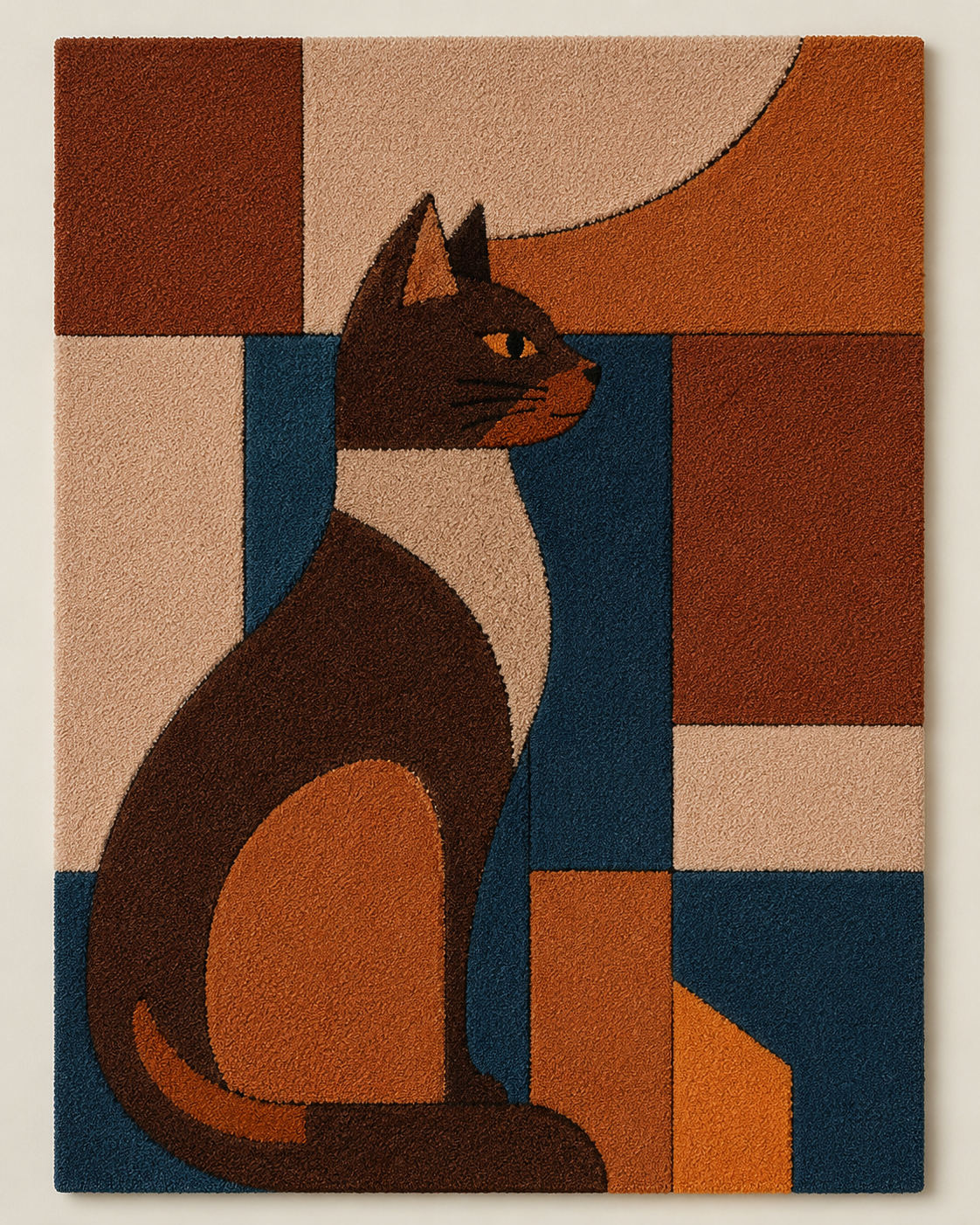 Terracotta Hewn Earth Cat Wall Art with geometric block design hanging on a wall.