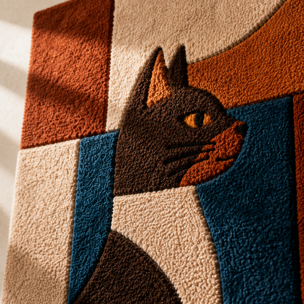 Terracotta cat-themed wall art by Hewn Earth featuring geometric cat blocks on a neutral background.