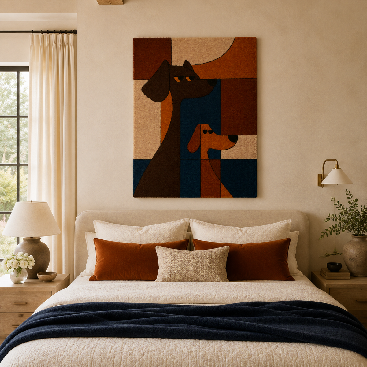 Hewn Earth Sentinel cat and pup wall art featuring a detailed illustration of a cat and dog on a neutral background.