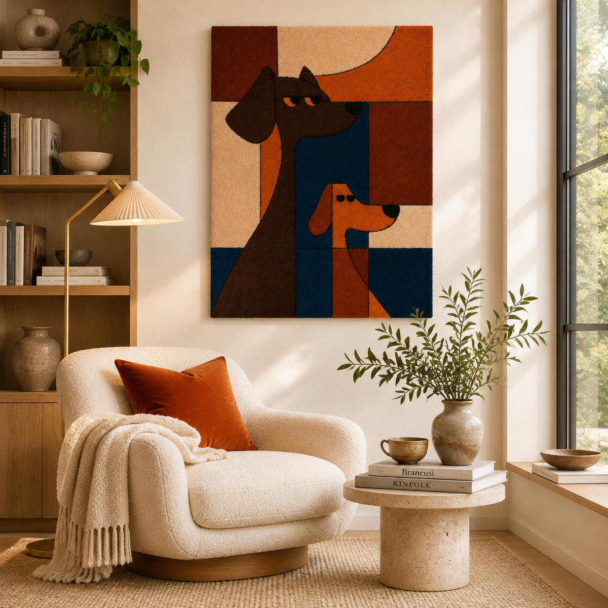 Hewn Earth Sentinel Cat and Pup wall art, featuring detailed illustrations of a cat and dog in a stylish, decorative design.