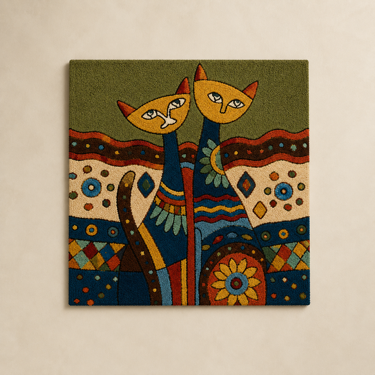 Hewn Earth Festival Cat Totem wall art featuring a colorful, artistic feline design displayed on a modern wall.