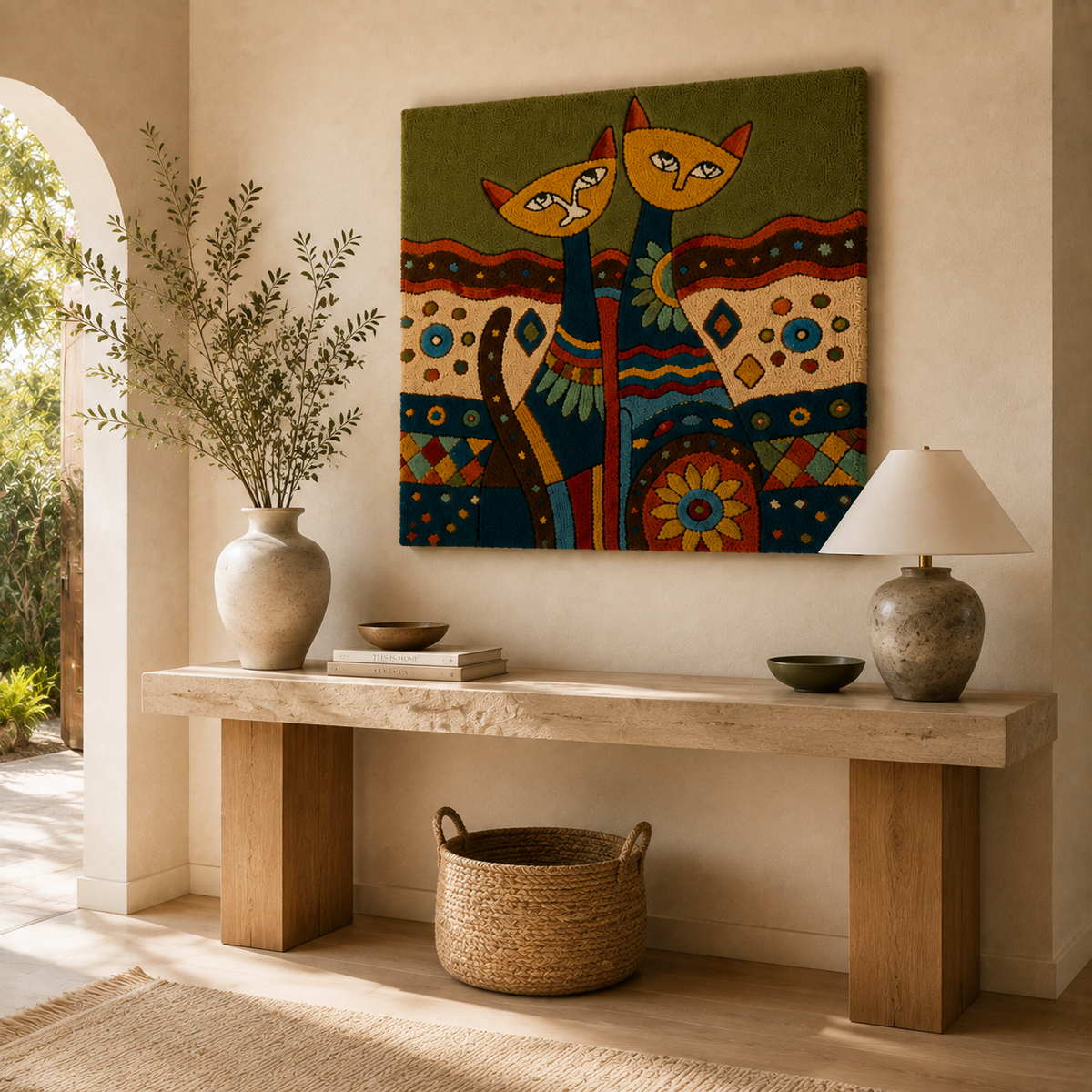 Colorful Festival Cat Totem wall art by Hewn Earth featuring vibrant, detailed feline design for artistic home decor.