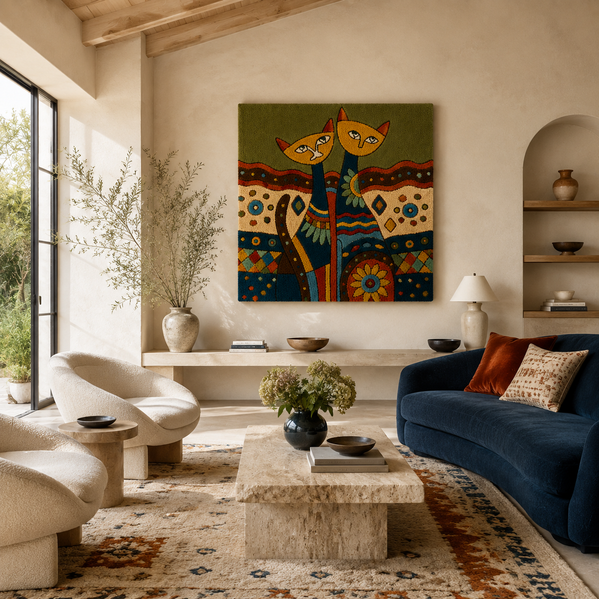 Hewn Earth Festival Cat Totem wall art featuring a colorful, stylized feline design on a textured background.