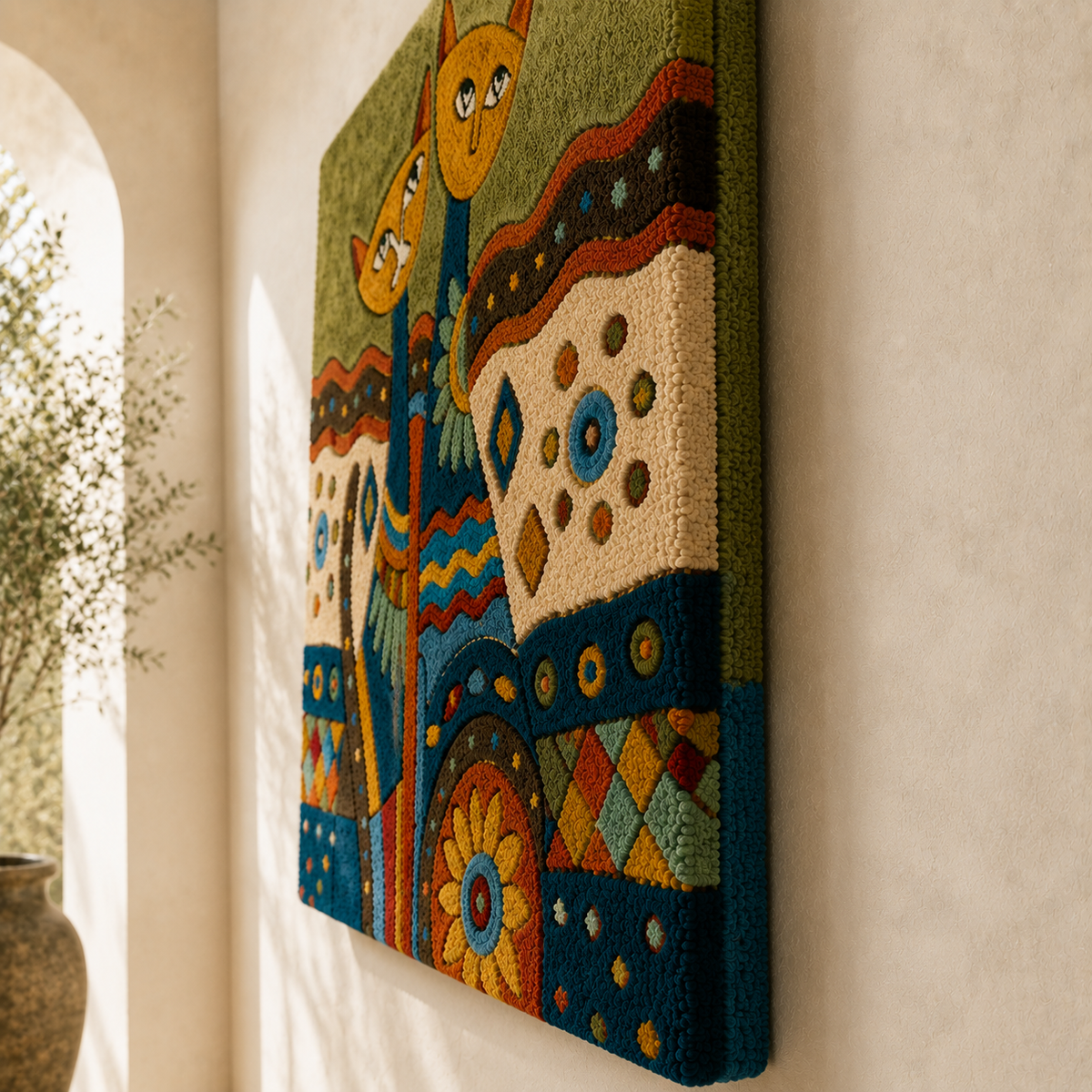 Hewn Earth Festival Cat Totem wall art featuring a colorful, artistic feline design on a textured background.
