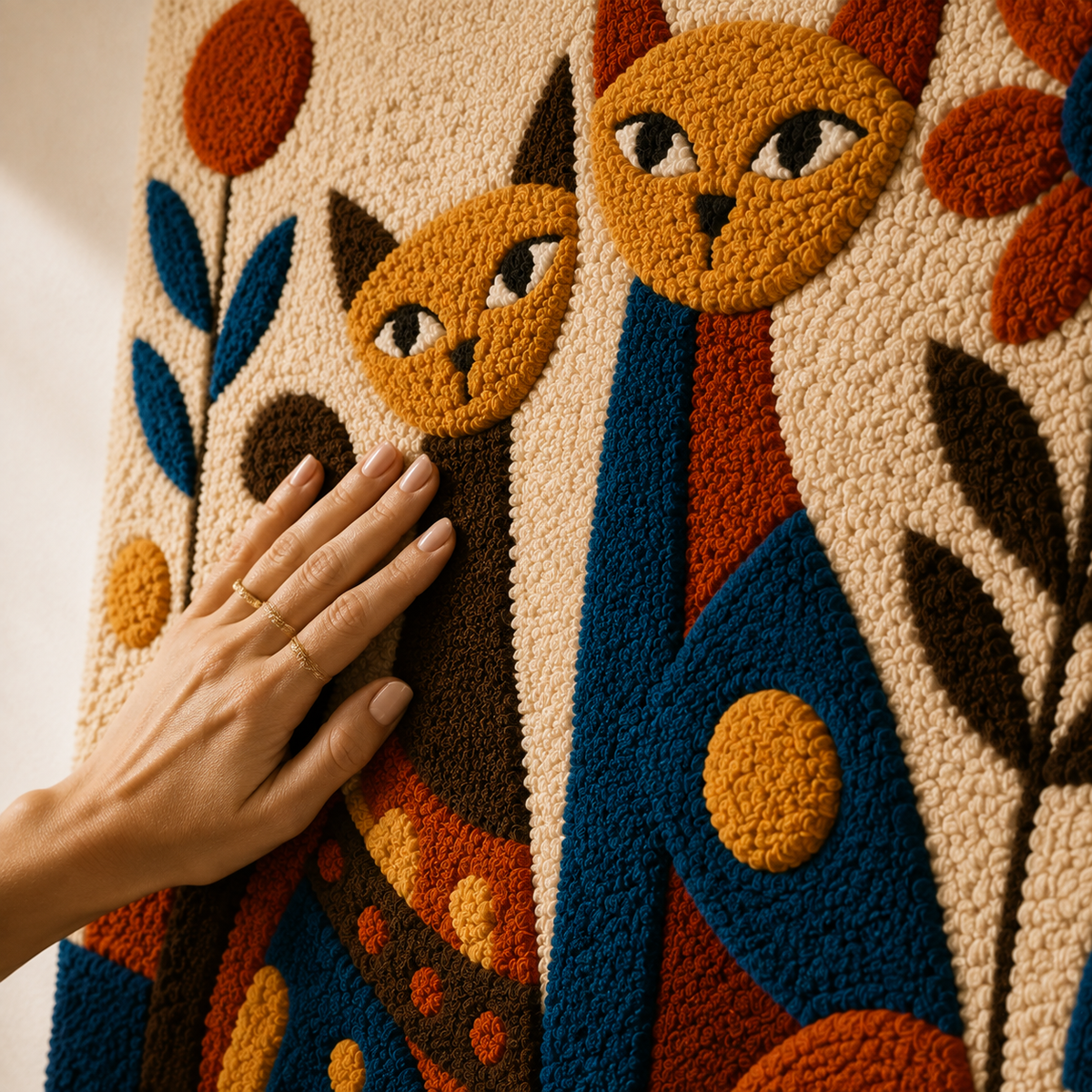 Hewn Earth Twin Cats Garden wall art featuring two playful cats in a lush garden scene, vibrant and detailed illustration.