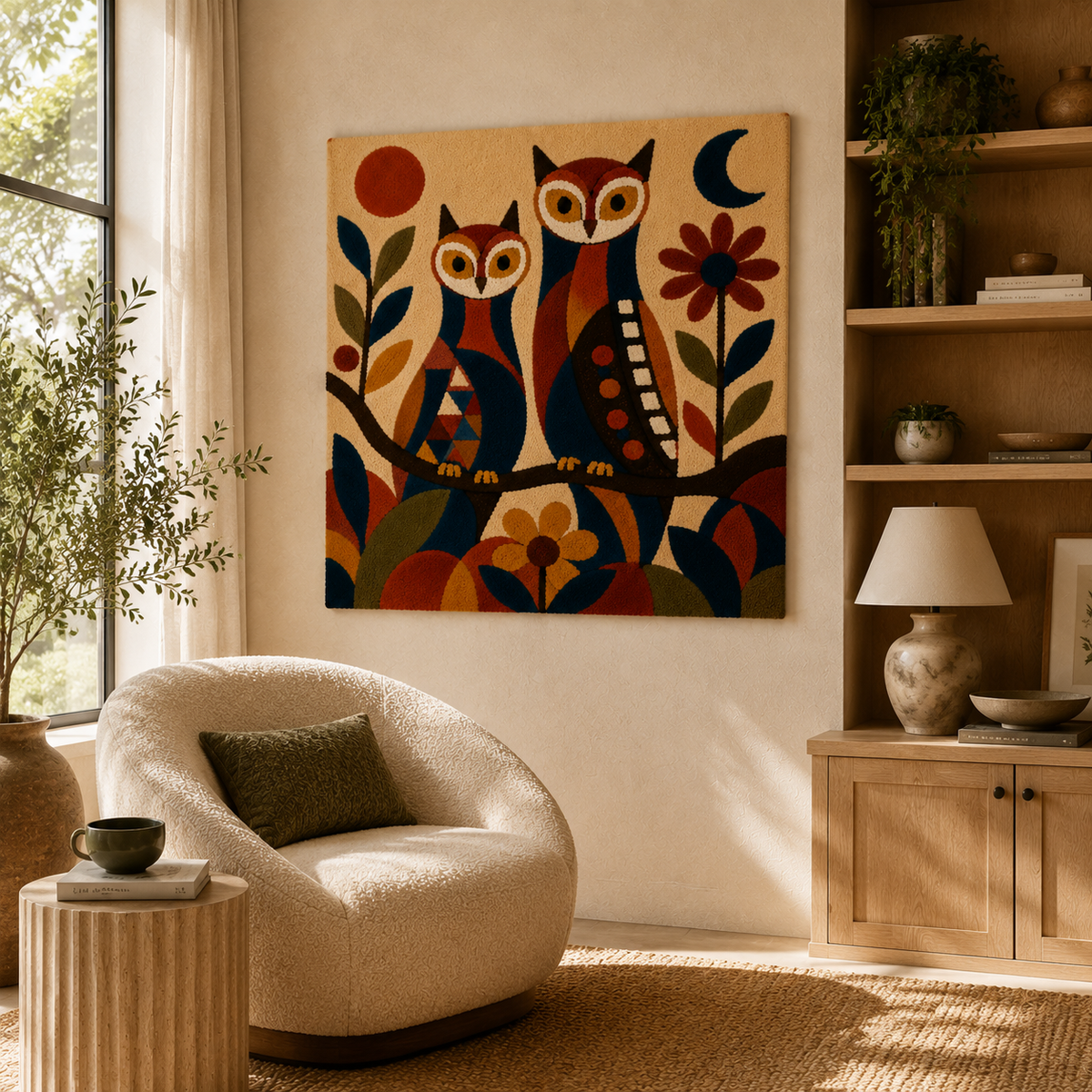 Hewn Earth Moonlit Owl Pair wall art featuring two owls perched on branches with a moonlit night background.