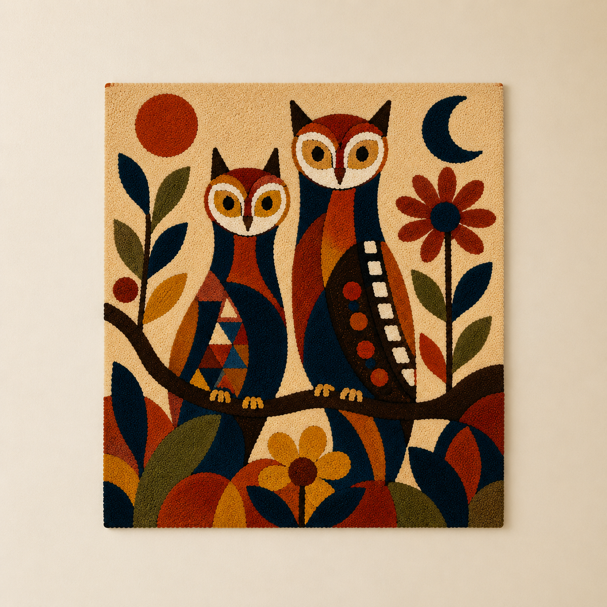 Pair of moonlit owl wall art by Hewn Earth featuring detailed owls with a moonlit night background.