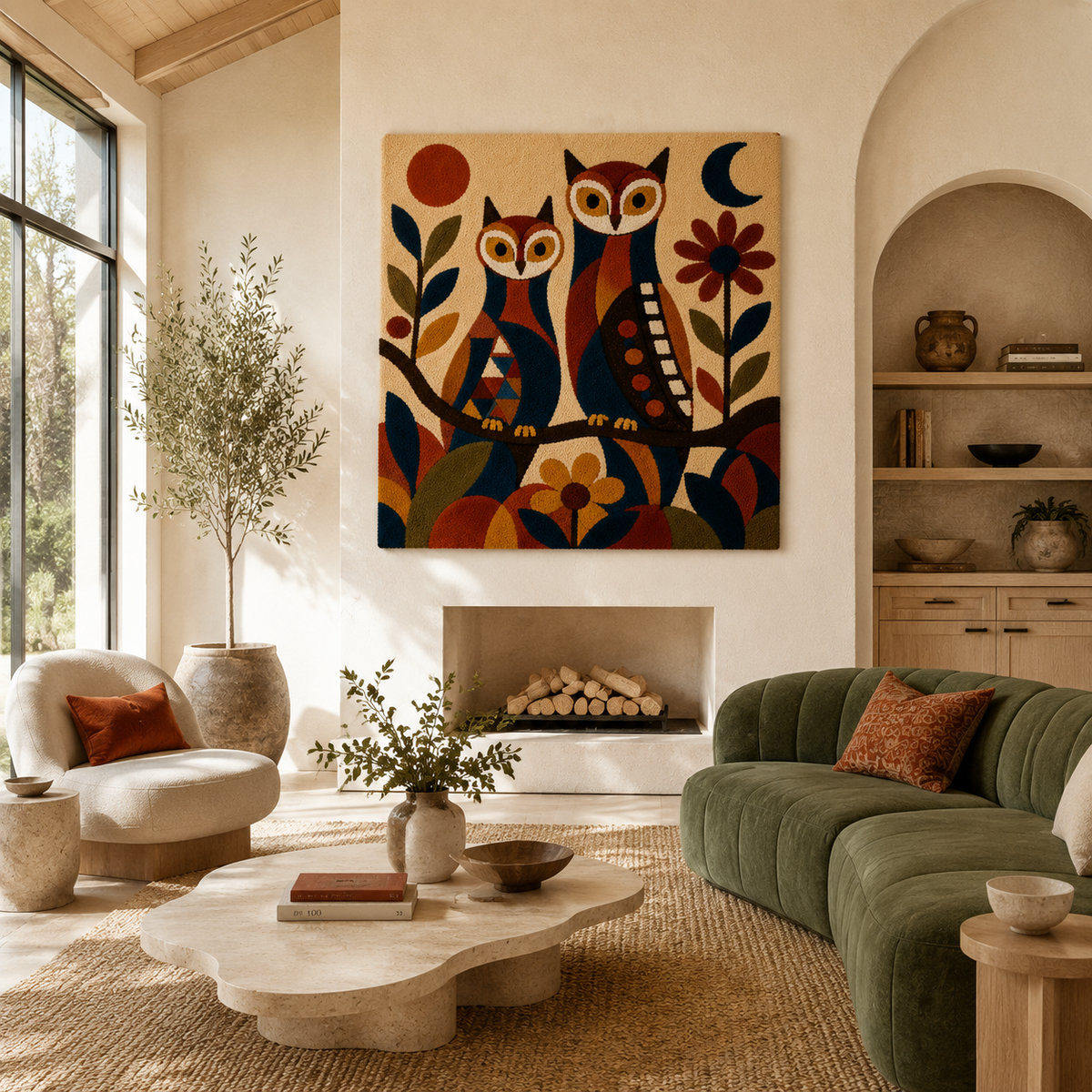 Pair of Moonlit Owl Wall Art by Hewn Earth featuring two detailed owls perched on branches under a moonlit sky.