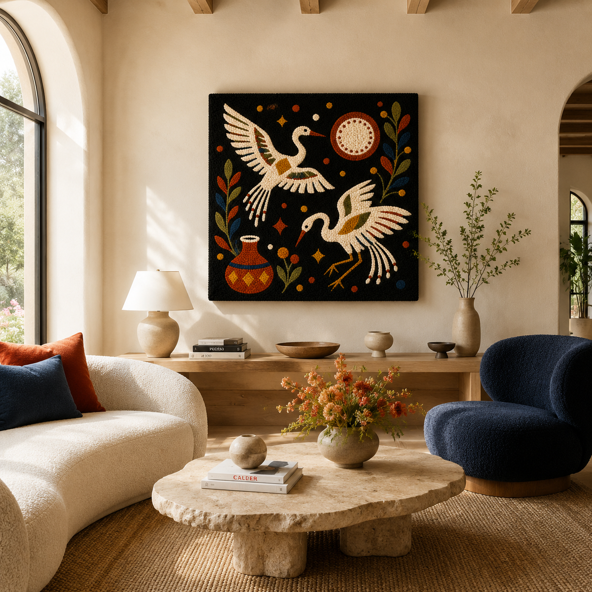 Hewn Earth Celestial Crane Dance wall art featuring a graceful crane silhouette in front of a celestial-inspired background.