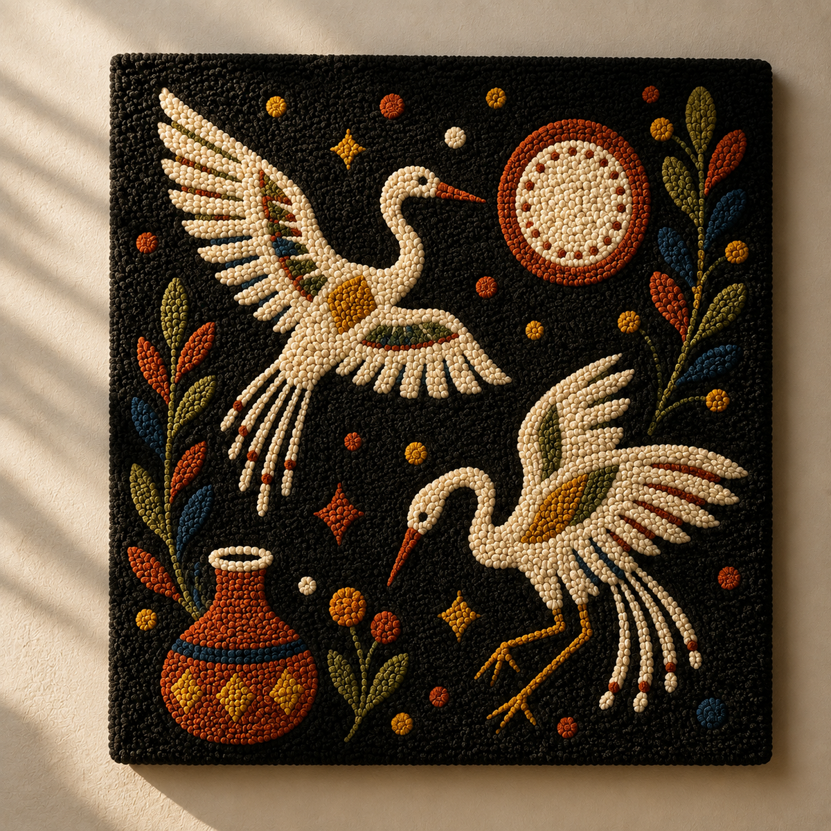 Hewn Earth Celestial Crane Dance wall art featuring a graceful crane in a celestial setting, suitable for home decor.