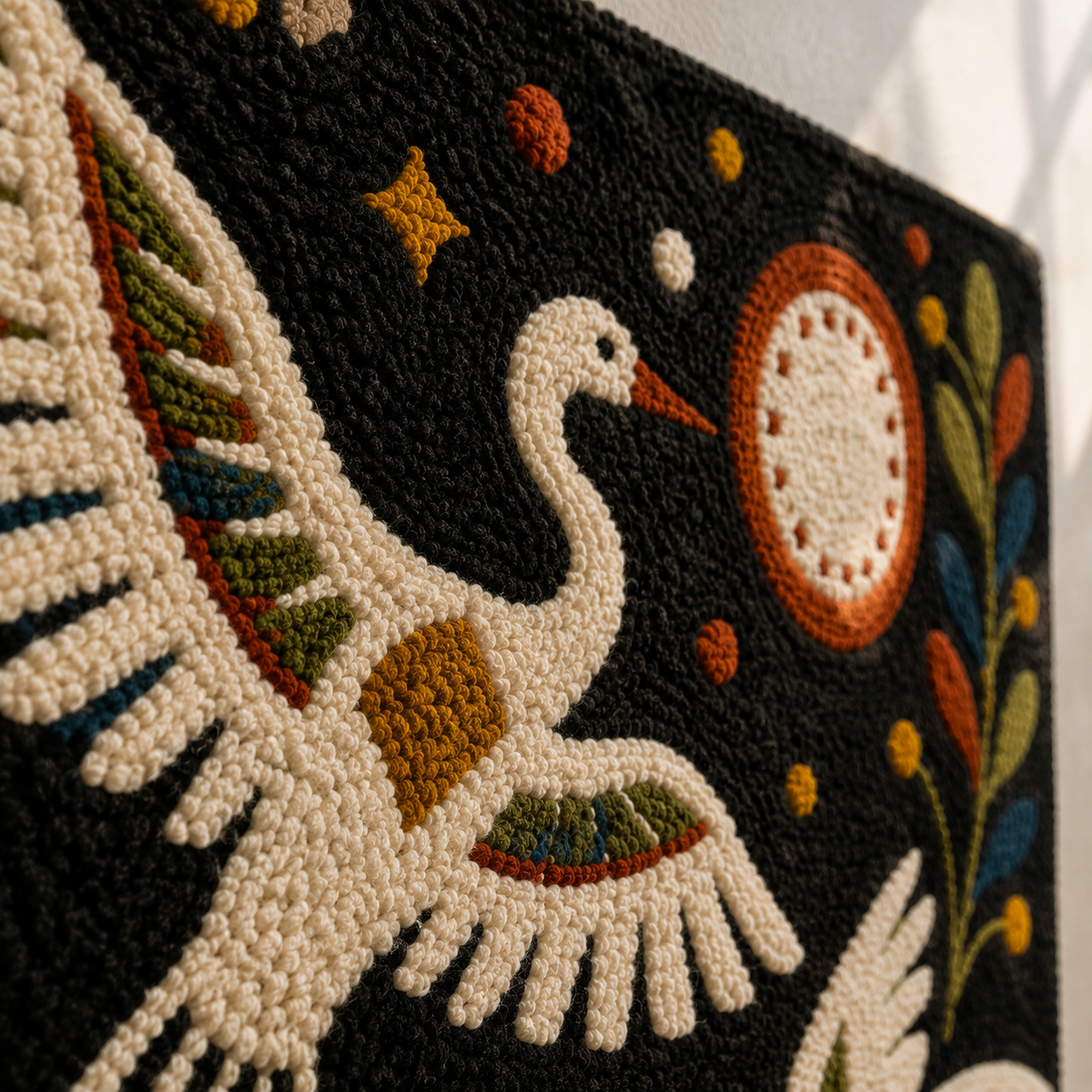 Hewn Earth Celestial Crane Dance wall art featuring a graceful crane in a celestial scene with vibrant colors and intricate details.