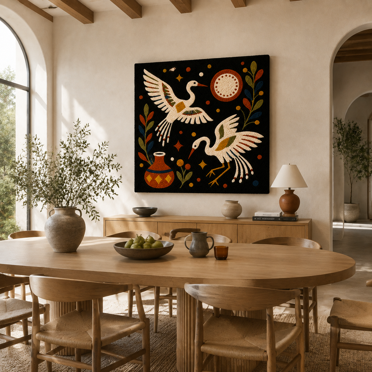 Hewn Earth Celestial Crane Dance wall art featuring a graceful crane amidst celestial elements on a decorative wall display.