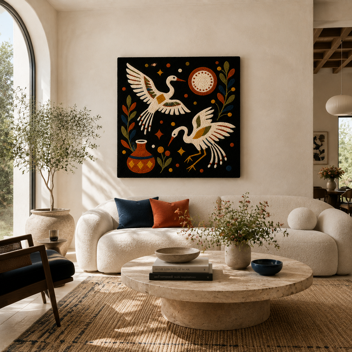 Hewn Earth Celestial Crane Dance wall art featuring graceful cranes in a celestial-inspired design on a decorative wall hanging.