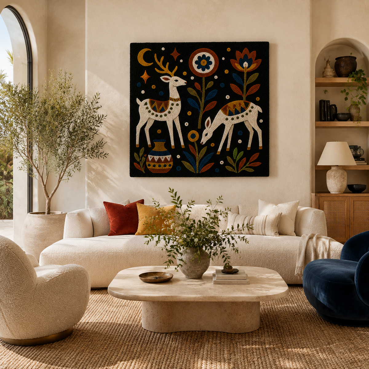 Hewn Earth Midnight Stag Garden wall art featuring a detailed stag silhouette against a dark, moody garden backdrop.
