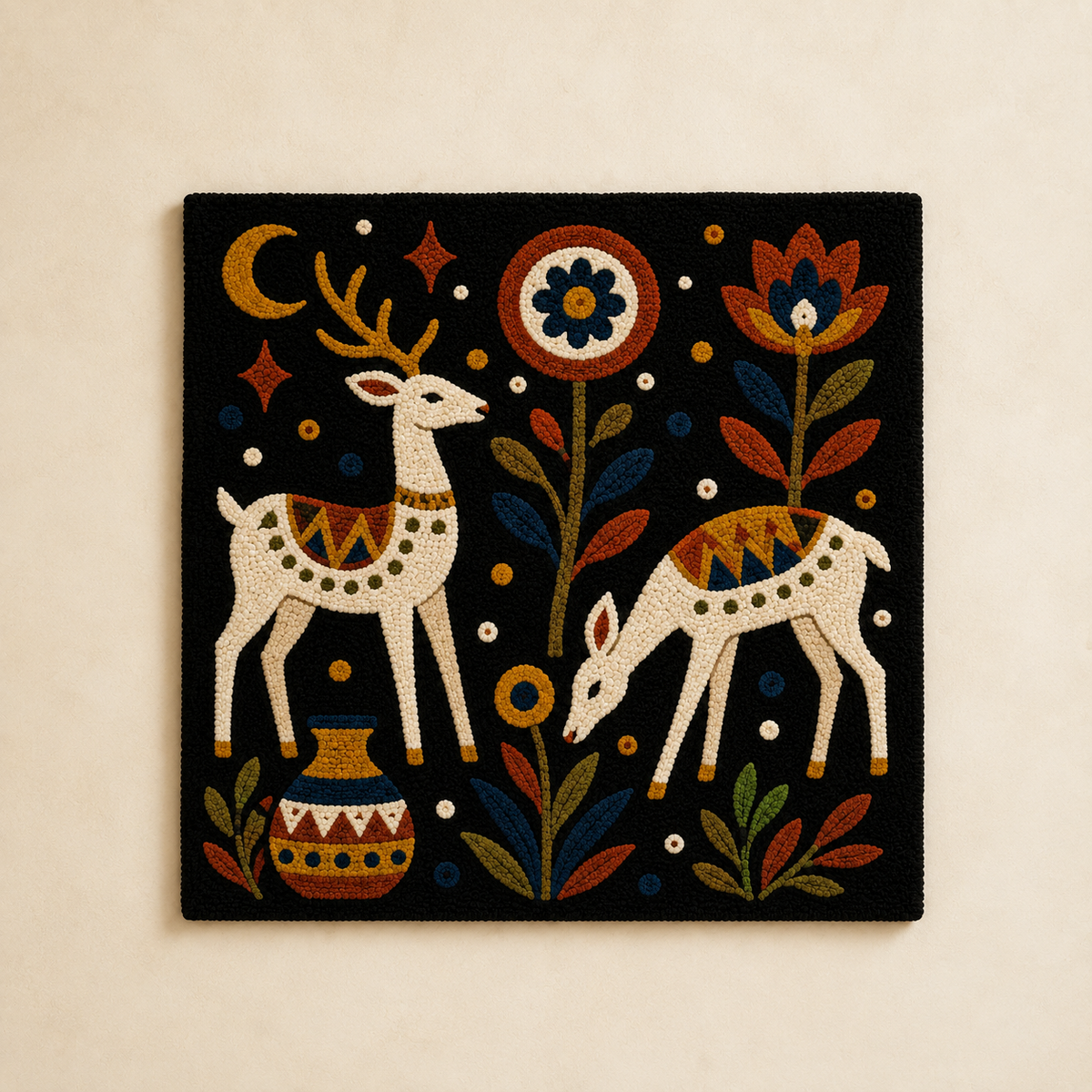 Midnight Stag Garden wall art by Hewn Earth featuring a detailed black and white stag design on a textured background.