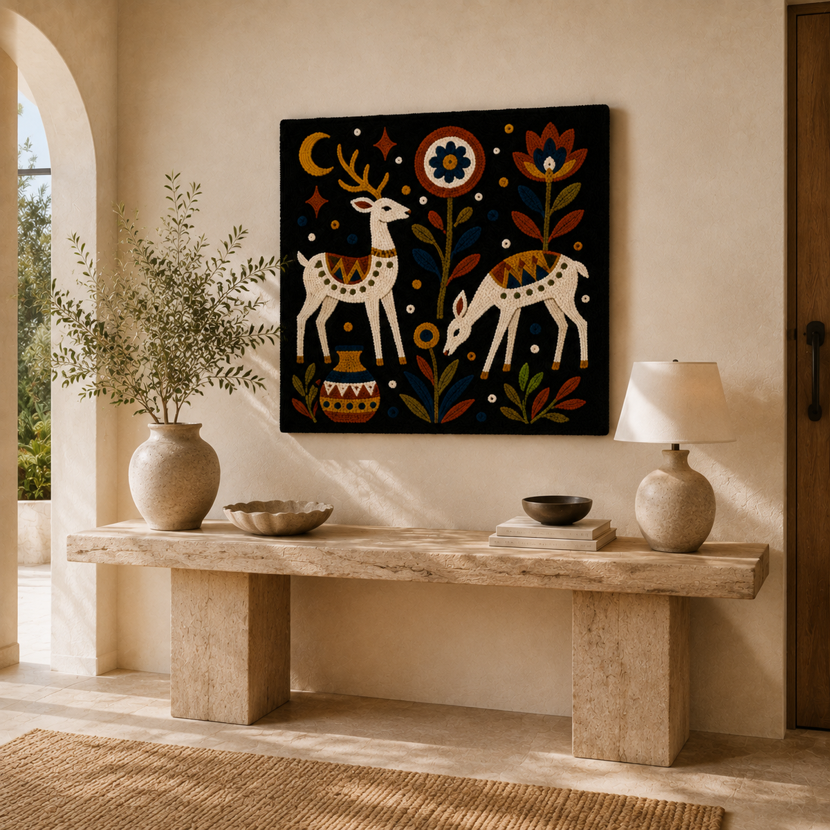 Hewn Earth Midnight Stag Garden wall art featuring a detailed stag silhouette against a dark, moody background.