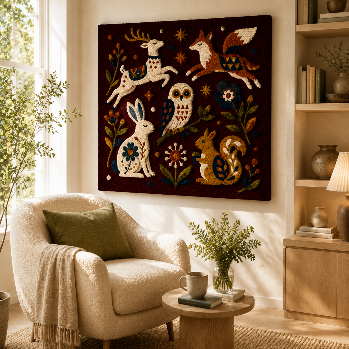 Hewn Earth Woodland Night Assembly wall art featuring a detailed nature scene with trees and forest elements.