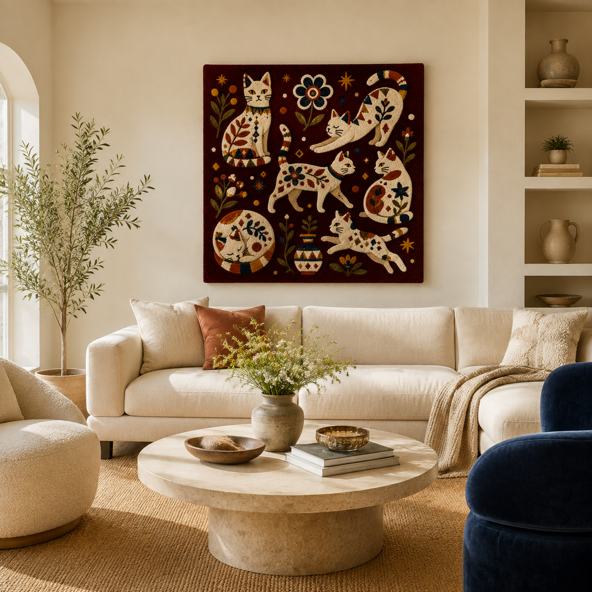 Burgundy cat constellation wall art by Hewn Earth, featuring a celestial cat design on a deep burgundy background.