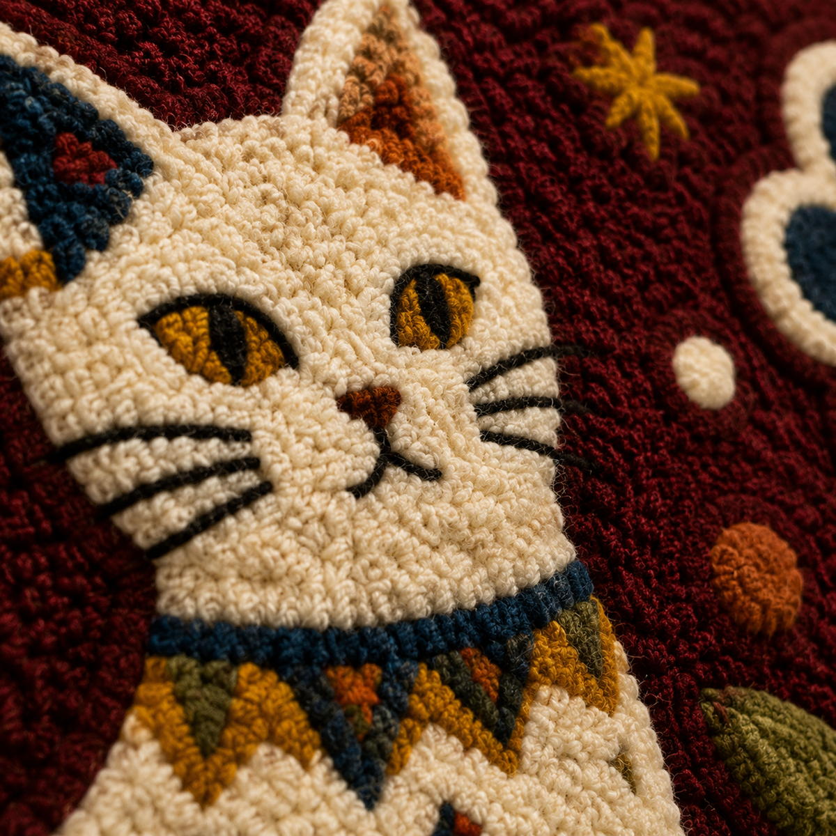 Close-up of Burgundy Cat Constellation wall art by Hewn Earth, featuring a celestial cat design on a textured burgundy background.