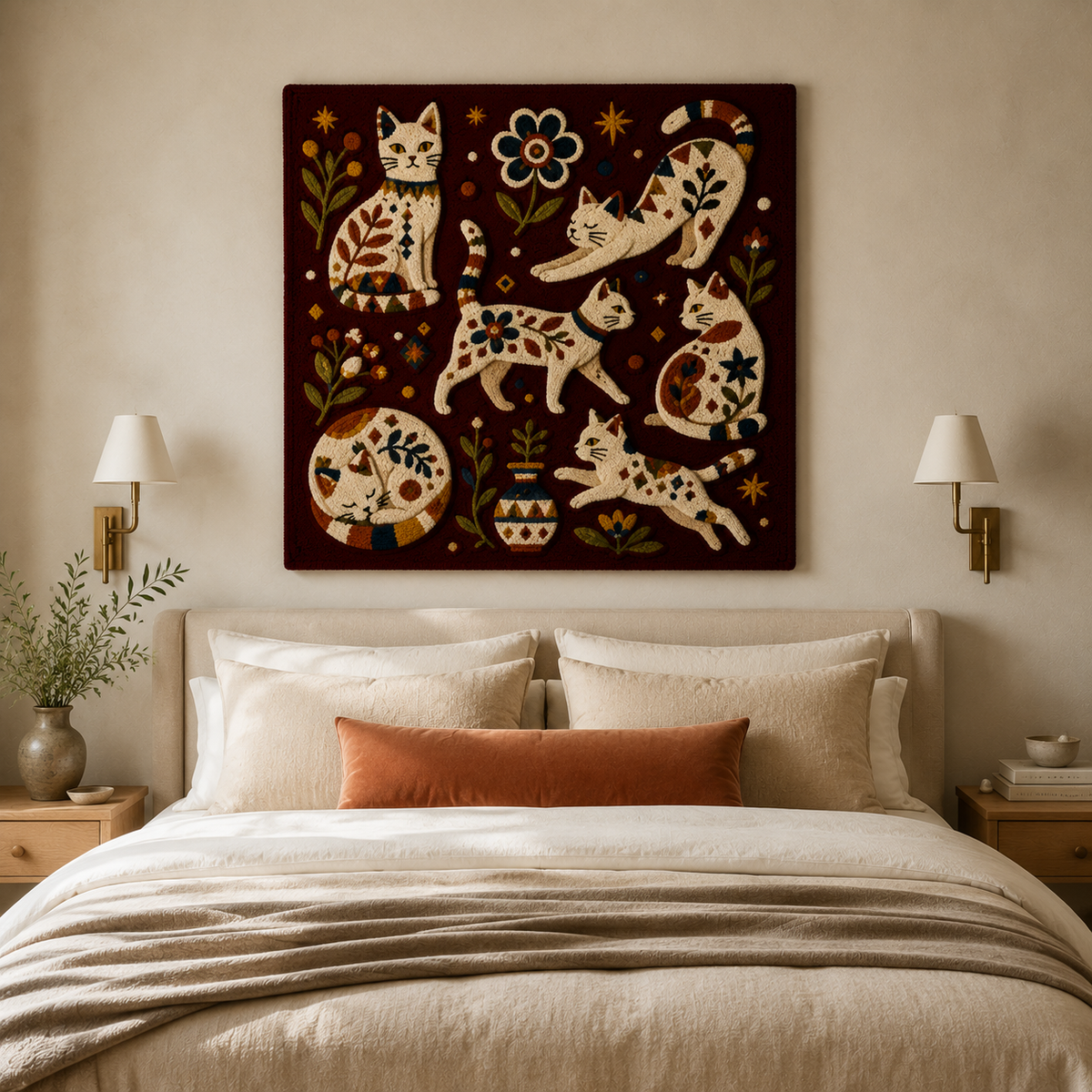 Burgundy Hewn Earth cat constellation wall art featuring a celestial design on a vibrant burgundy background.