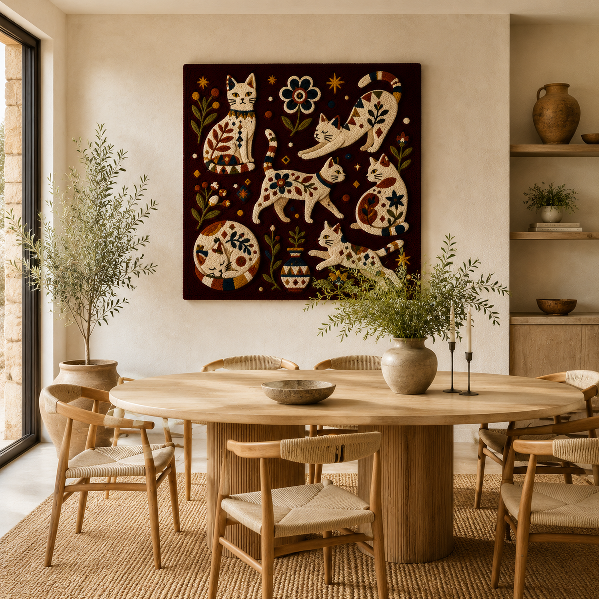 Burgundy cat constellation wall art by Hewn Earth featuring celestial cat design on a deep red background.