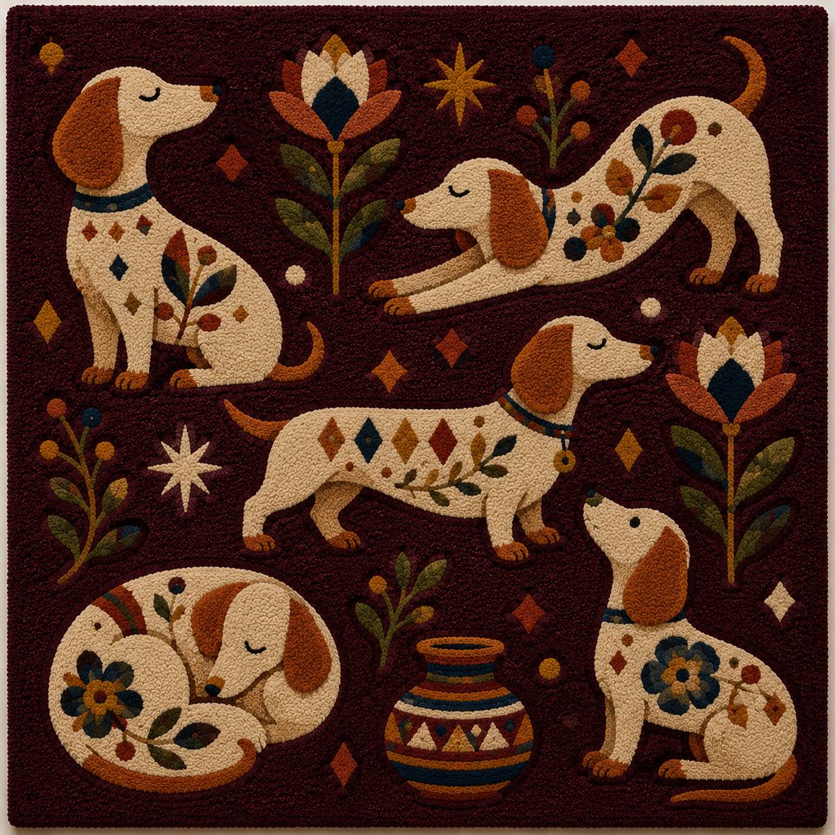 Hewn Earth Hound Parade Night wall art featuring a detailed illustration of dogs in a nighttime scene.