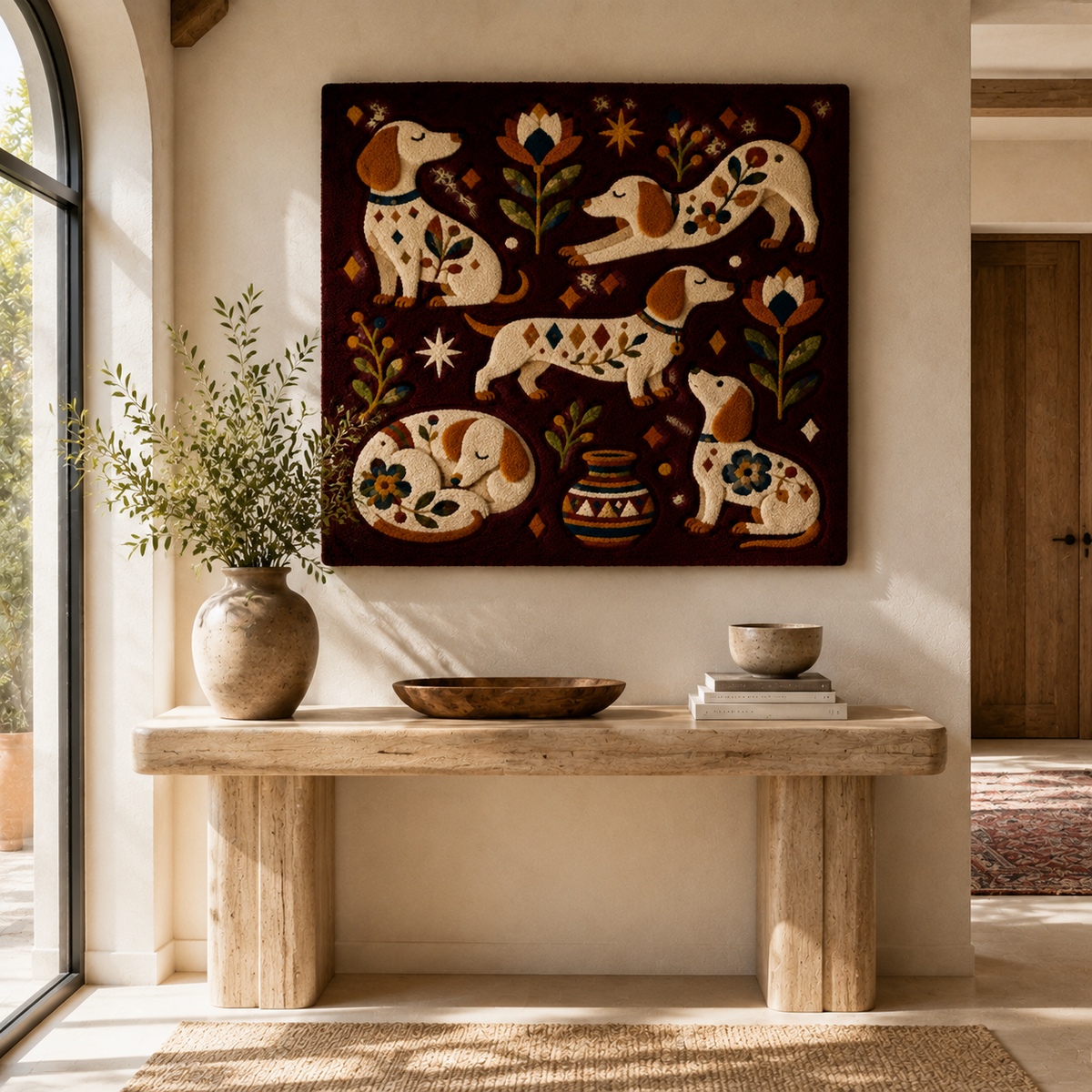 Hewn Earth Hound Parade Night wall art featuring detailed black and white illustration of a hound dog in a natural scene