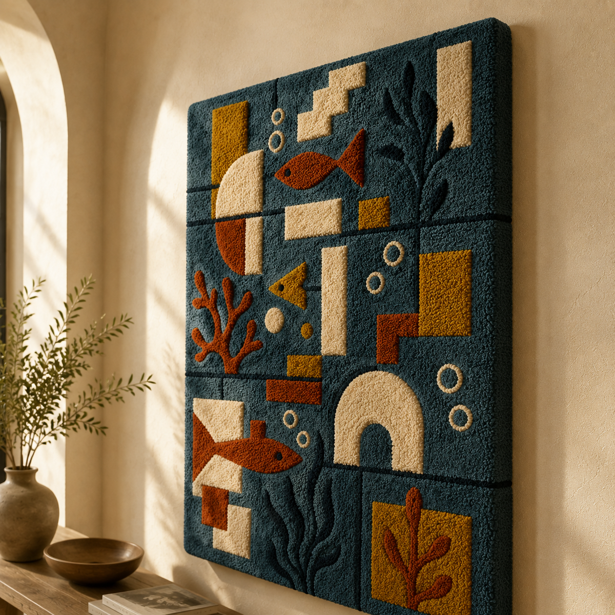 Hewn Earth Harbor Signal Grid wall art featuring a modern, geometric design with navy and white tones on a white background.