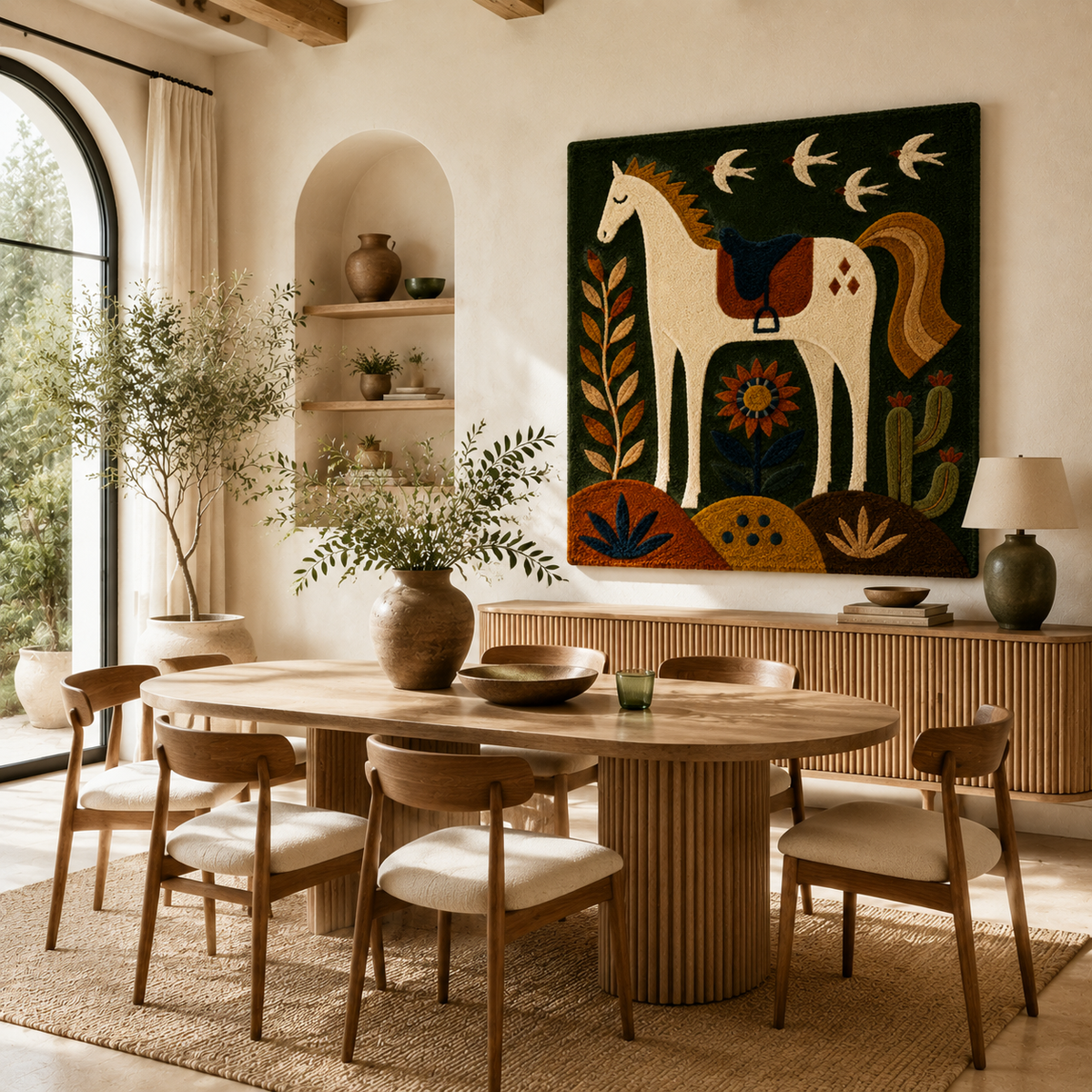 Hewn Earth Moon Horse Emblem wall art mounted on a wall, featuring a detailed moon and horse design in natural tones.