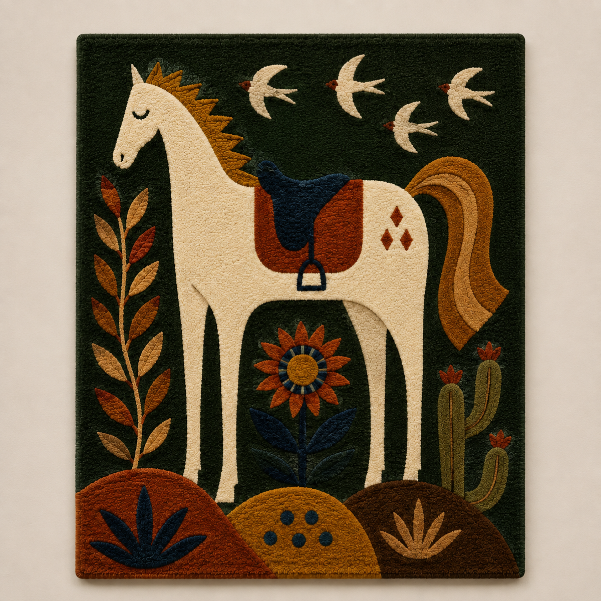 Hewn Earth Moon Horse Emblem wall art featuring a detailed horse and moon design on a textured background.