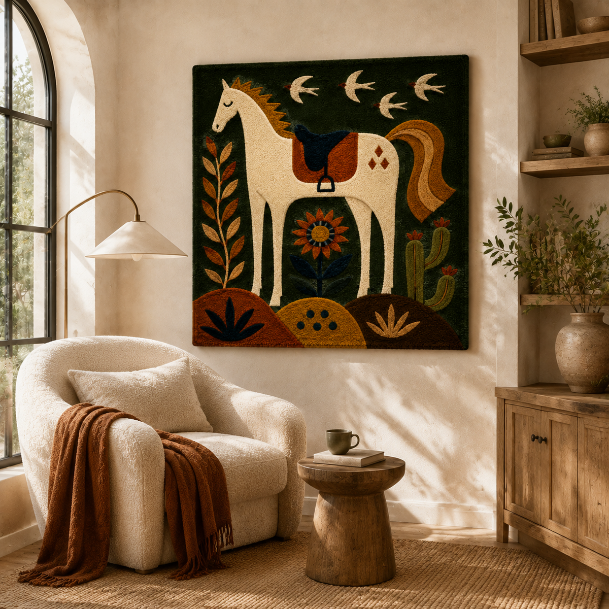 Hewn Earth Moon Horse Emblem wall art featuring a detailed moon and horse design on a textured background.