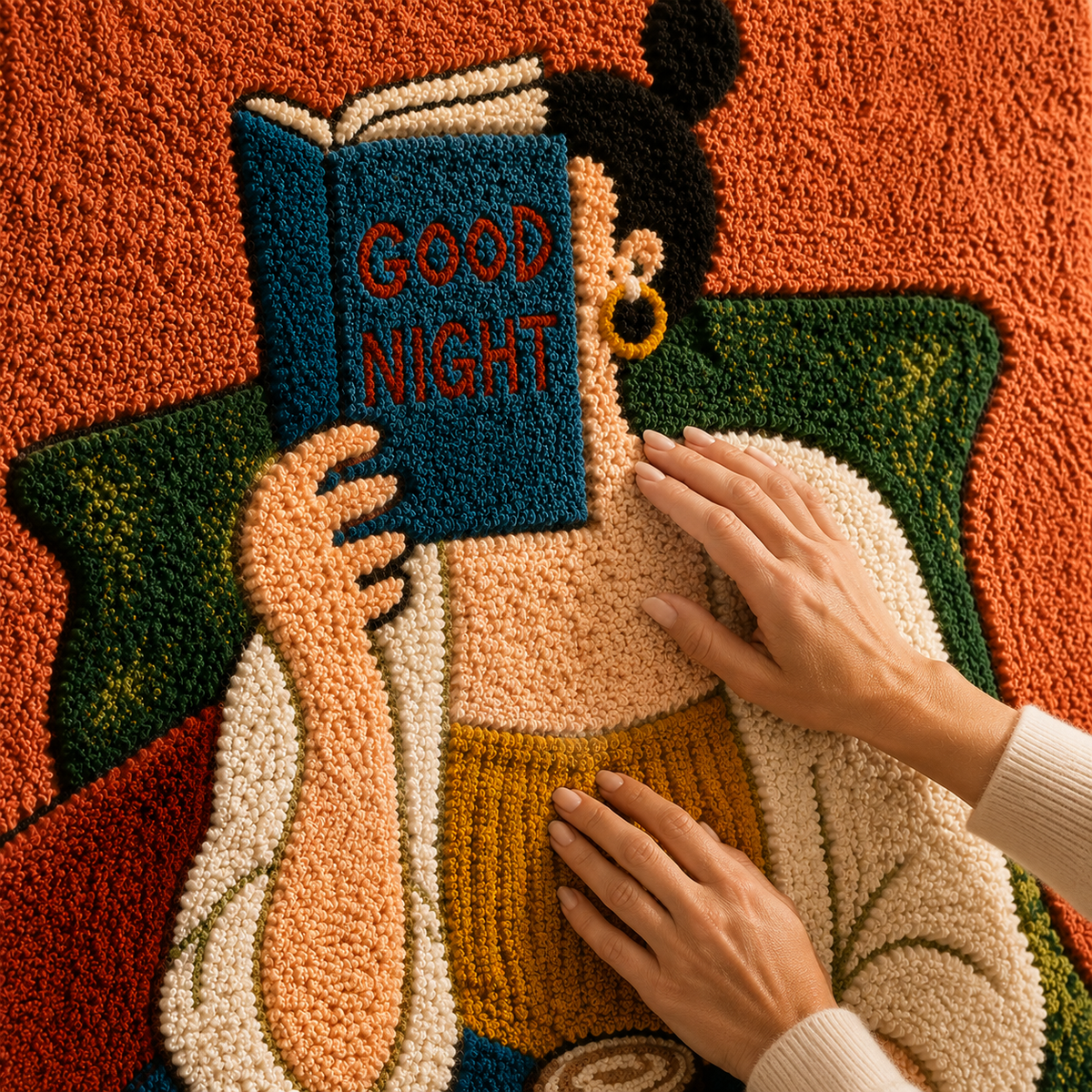 Close-up of Hewn Earth's Good Night Reader wall art featuring detailed, textured design on a neutral background.
