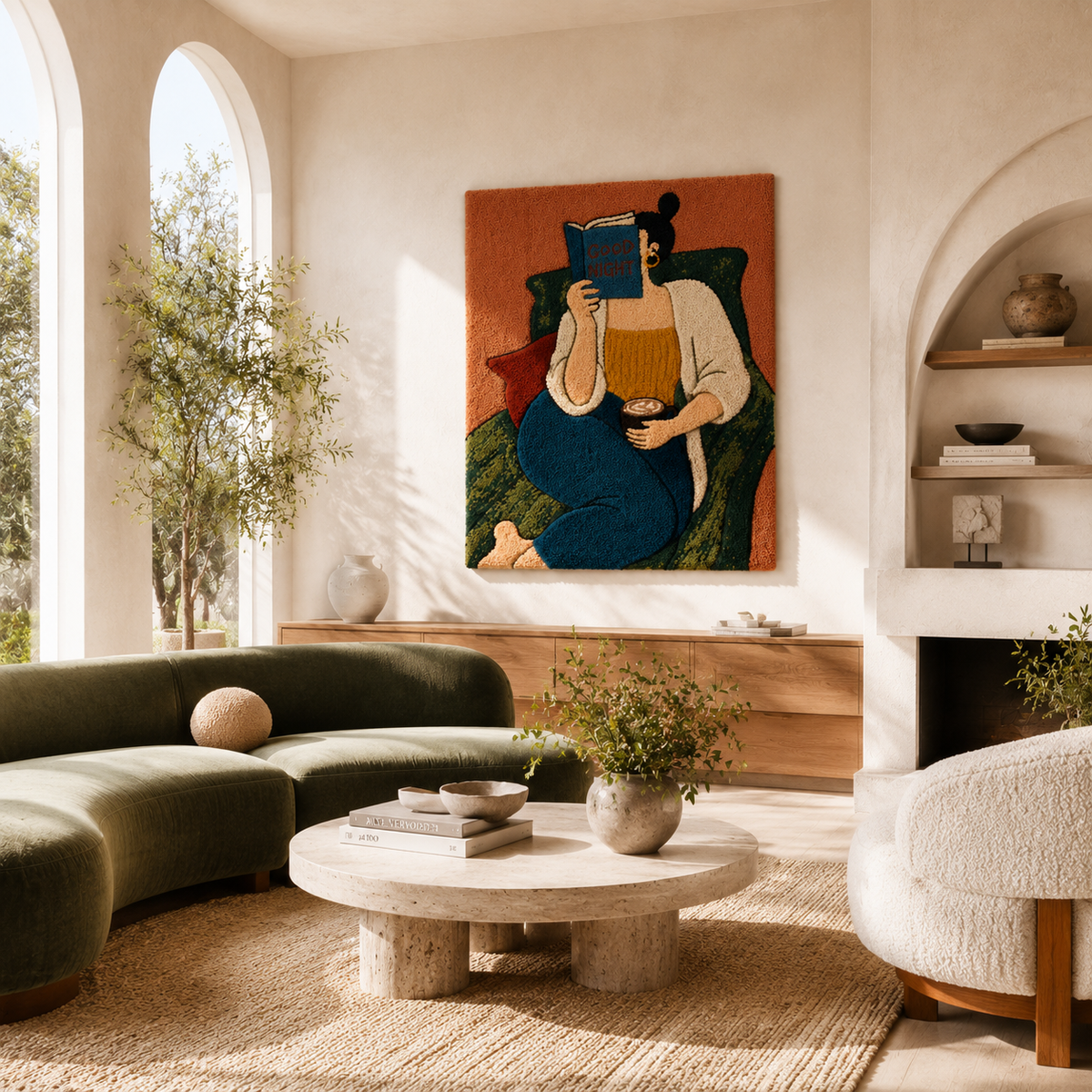 Good Night Reader wall art by Hewn Earth featuring a cozy nighttime scene with books and moonlit sky in warm tones.