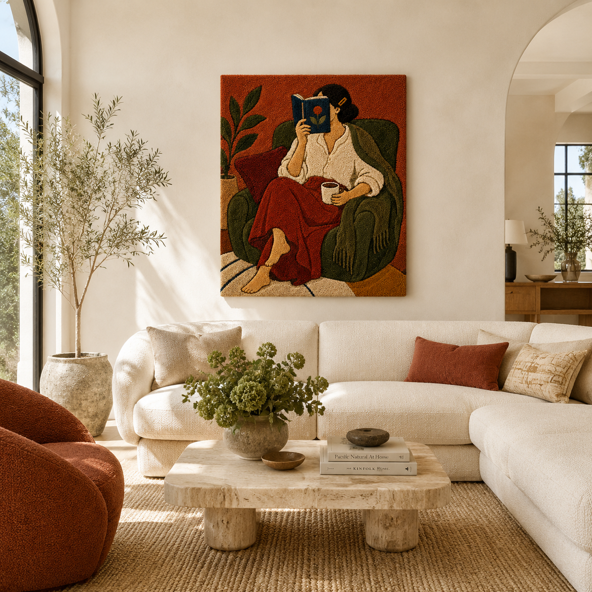 Hewn Earth Evening Chapter wall art featuring a serene landscape scene displayed on a wall in a modern room.