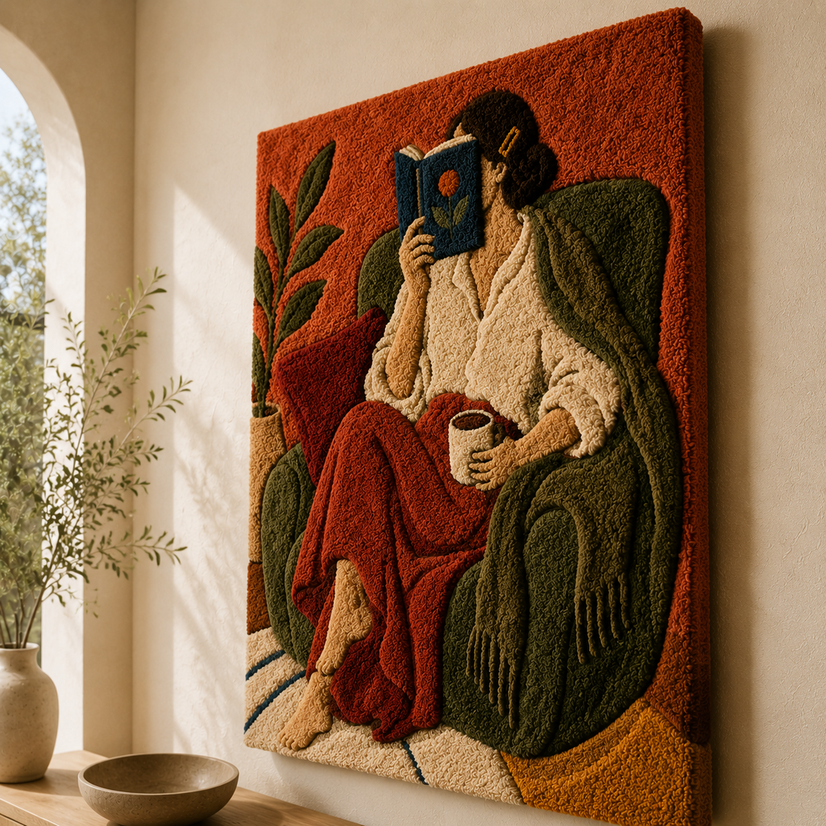 Hewn Earth Evening Chapter wall art featuring a serene, abstract landscape with warm tones and textured details.