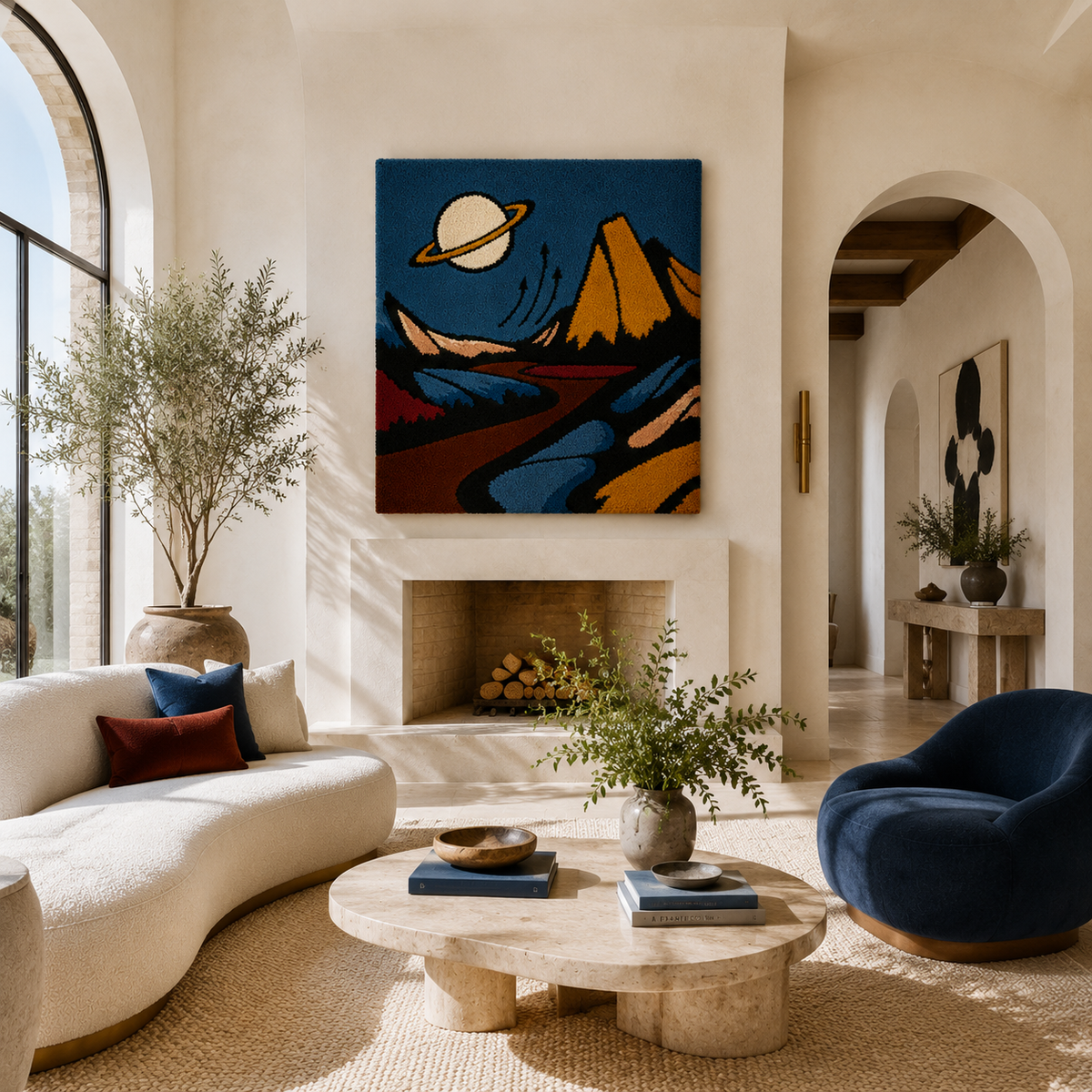 Hewn Earth Saturn Over Ember Peaks wall art print showcasing a celestial scene with vibrant mountain peaks and cosmic colors.
