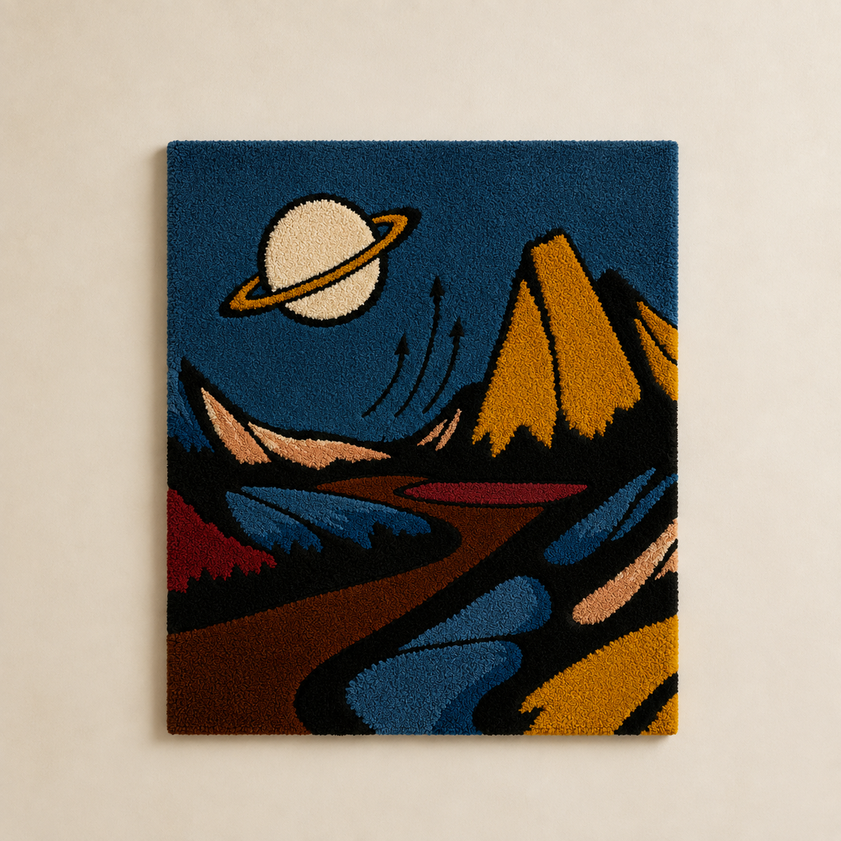 Hewn Earth Saturn Over Ember Peaks wall art featuring a vibrant depiction of celestial landscape with warm, fiery tones.