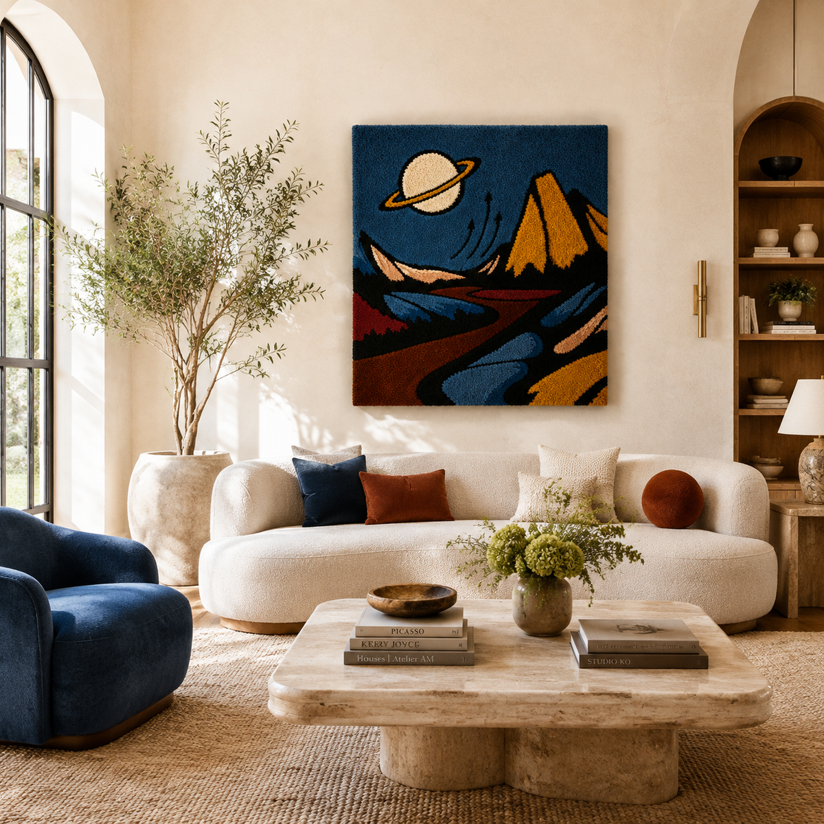 Hewn Earth Saturn Over Ember Peaks wall art featuring a vibrant, abstract landscape with warm orange and deep blue tones.
