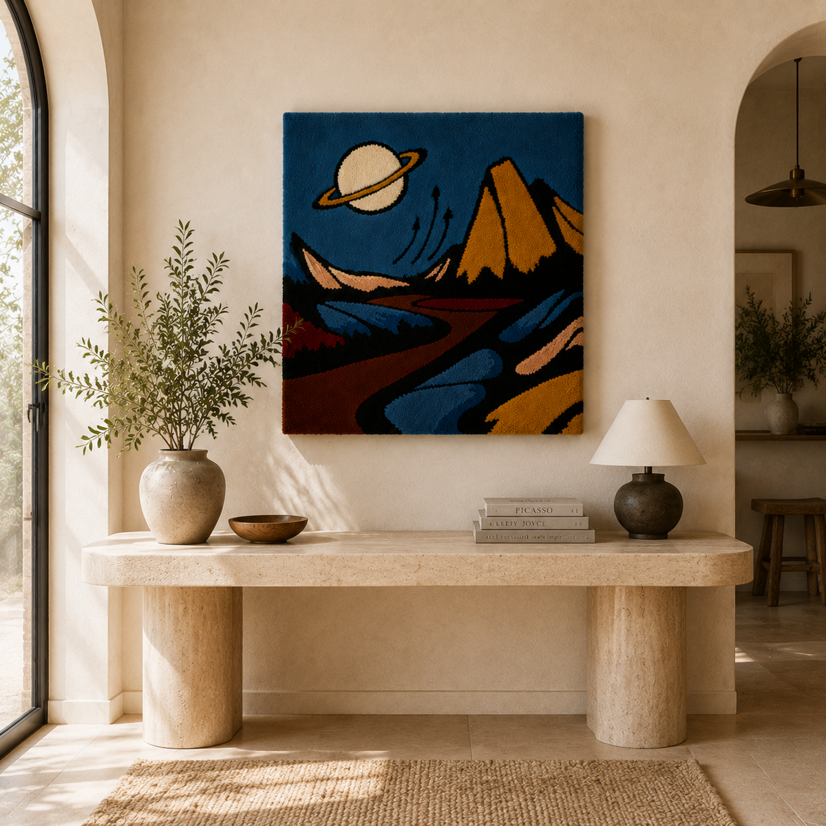 Hewn Earth Saturn Over Ember Peaks wall art featuring a colorful, abstract landscape scene on a canvas.