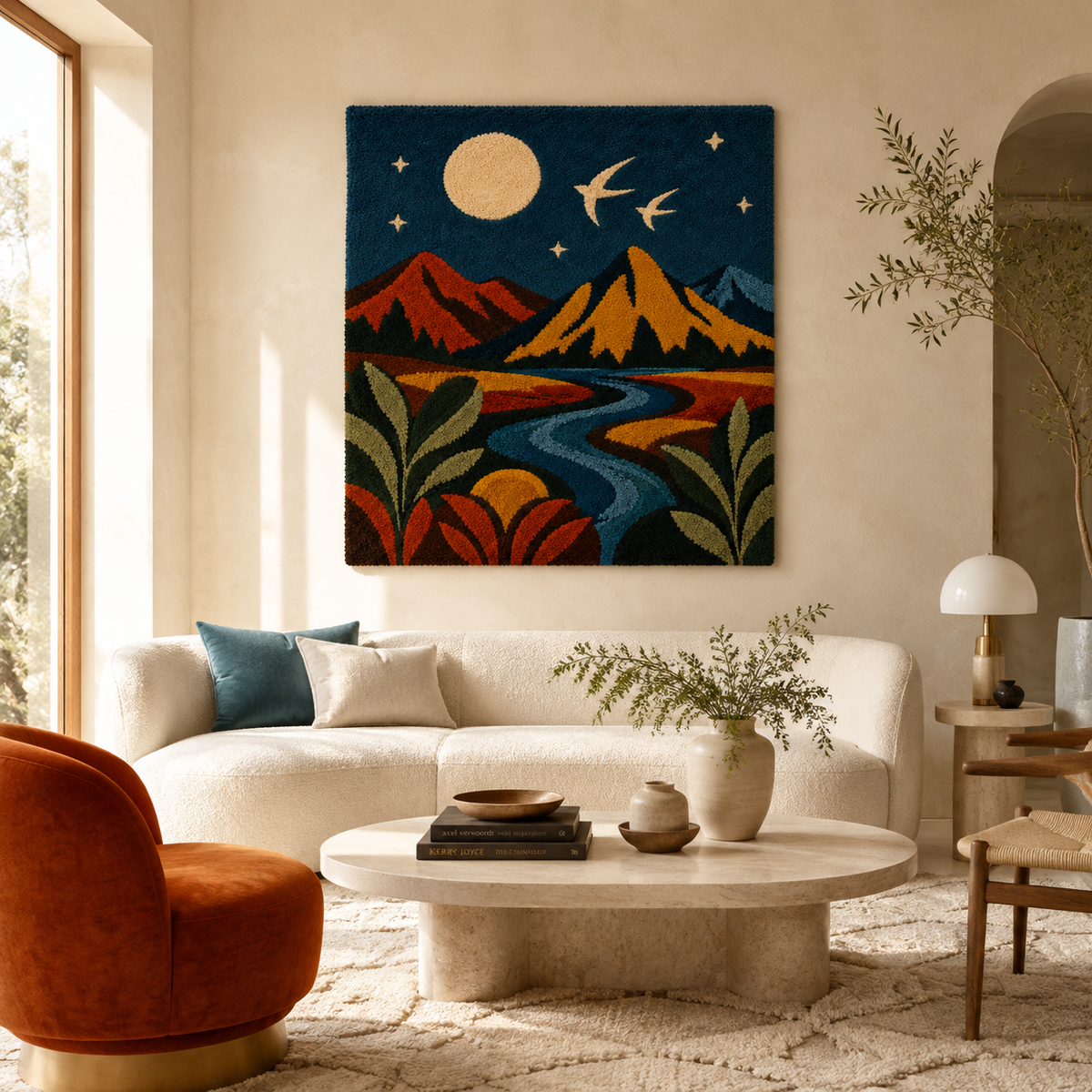 Hewn Earth Moon River Range wall art, scenic landscape painting featuring mountains and river in natural colors.