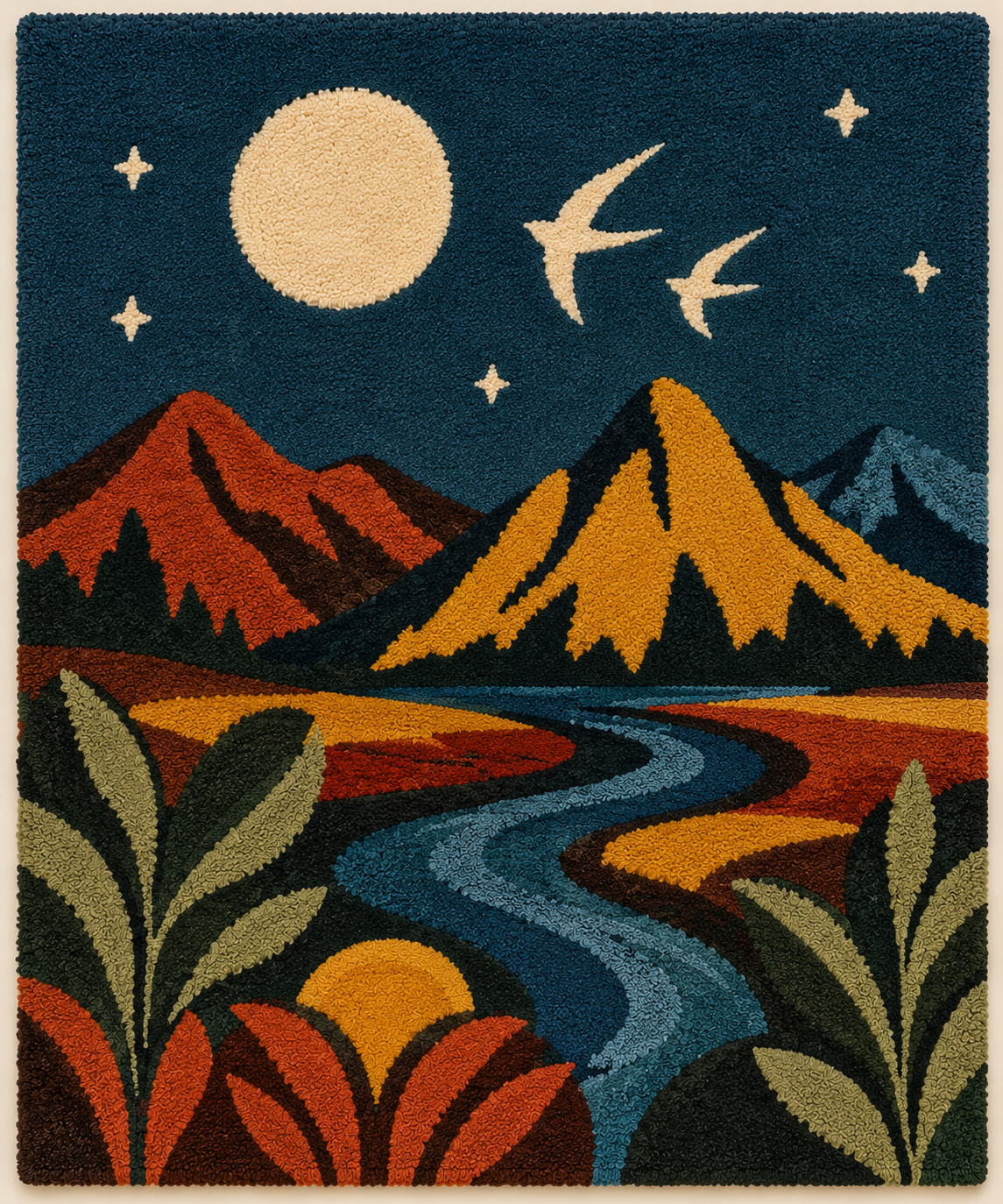 Hewn Earth Moon River Range wall art featuring a scenic landscape with mountains and river in a natural, artistic style.